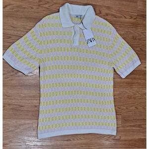 NWT Mens L Zara Yellow And White Stripe Knit Crochet Short Sleeve Polo Shirt